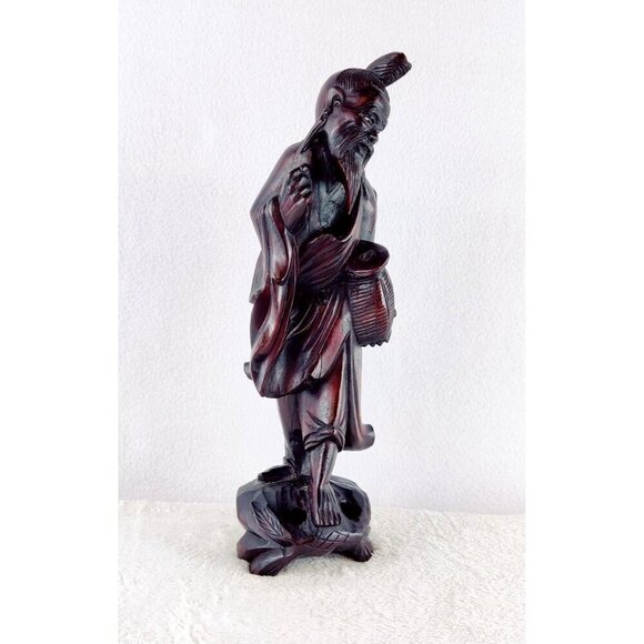 Antique Hand Carved Old Man Fisherman Chinese Figure Rosewood 12.5" Republic Era - Picture 1 of 13